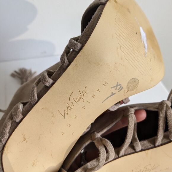 Lord & Taylor Fran Taupe Suede Lace Up Tassel Heels - Picture 7 of 8